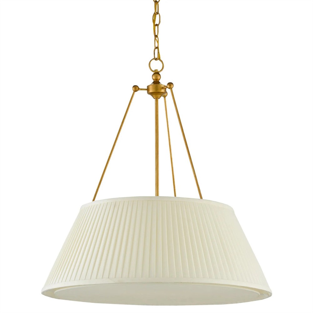 Lylia French Country Antique Gold Leaf Iron White Pleated Shade Pendant|