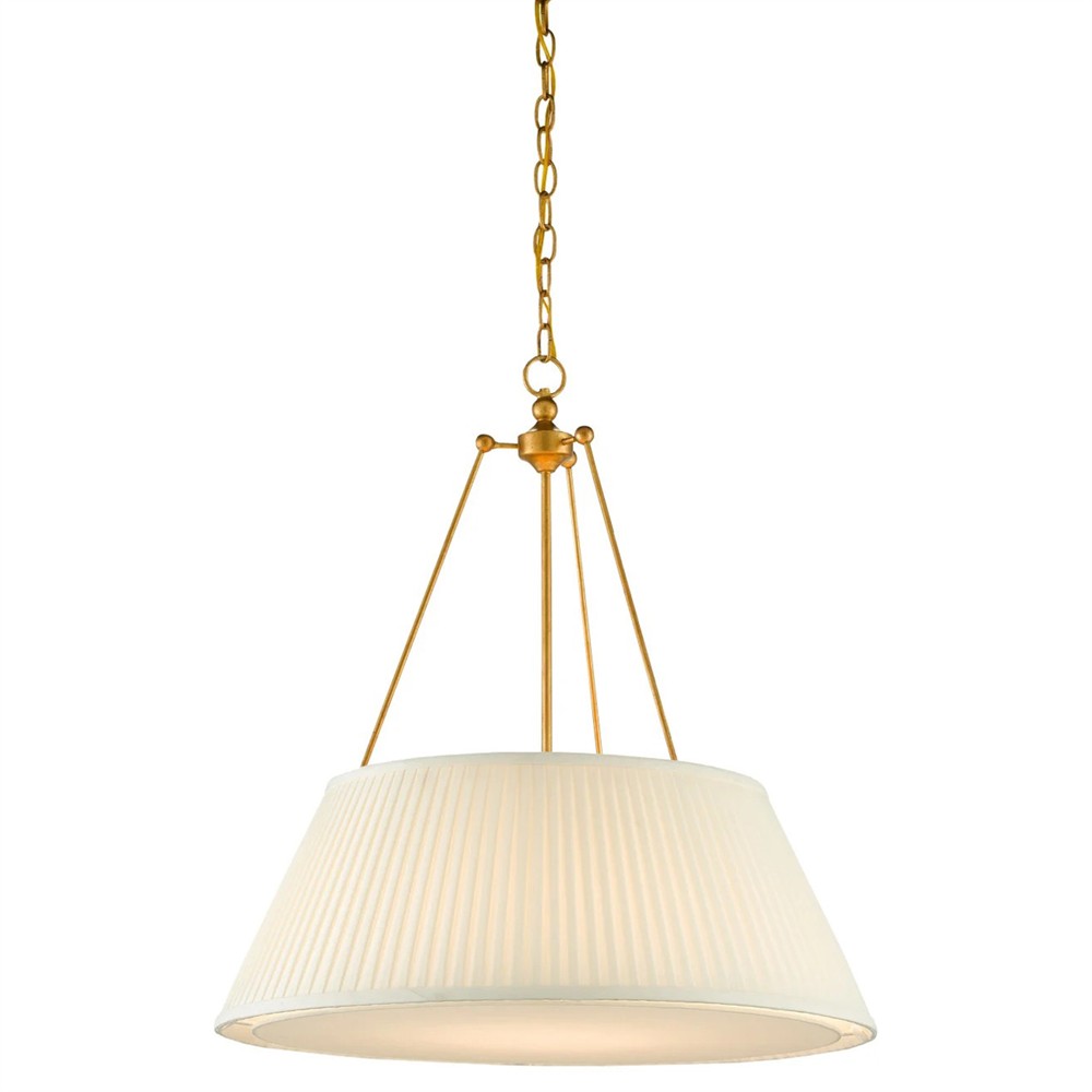 Lylia French Country Antique Gold Leaf Iron White Pleated Shade Pendant|