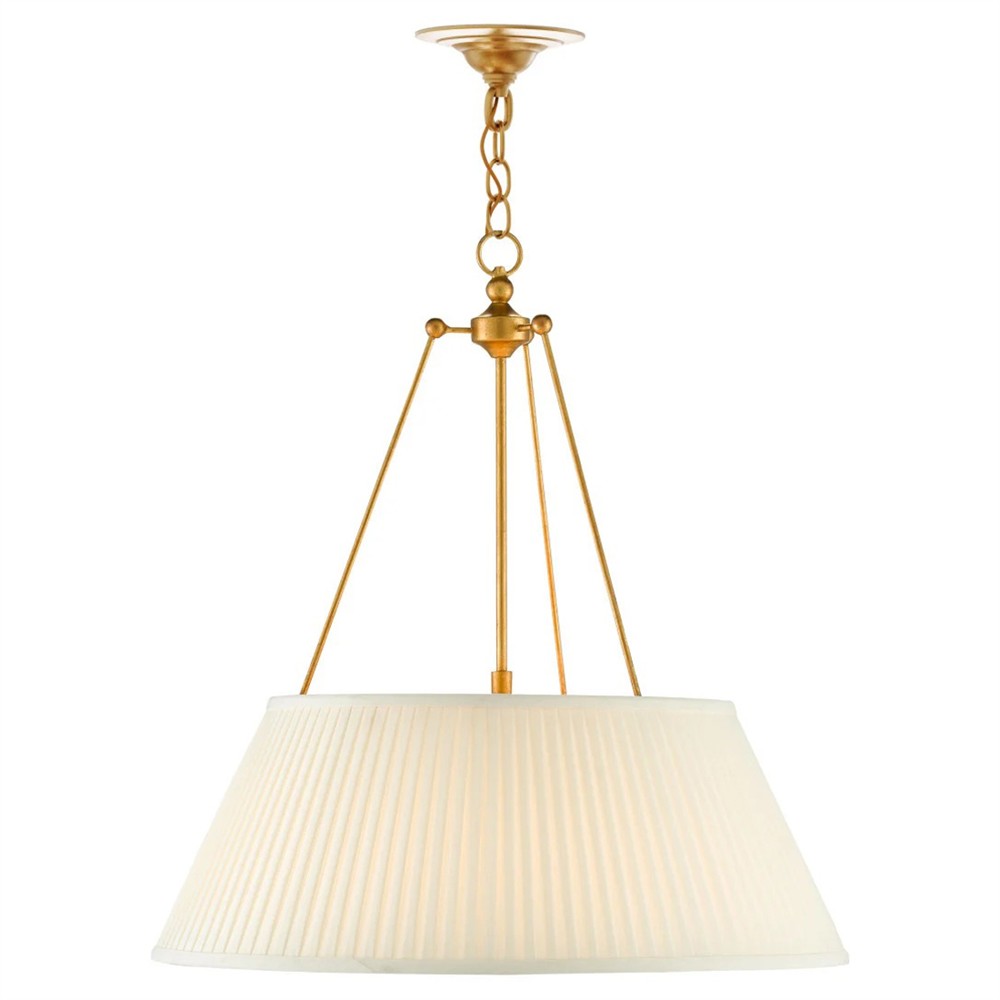 Lylia French Country Antique Gold Leaf Iron White Pleated Shade Pendant|