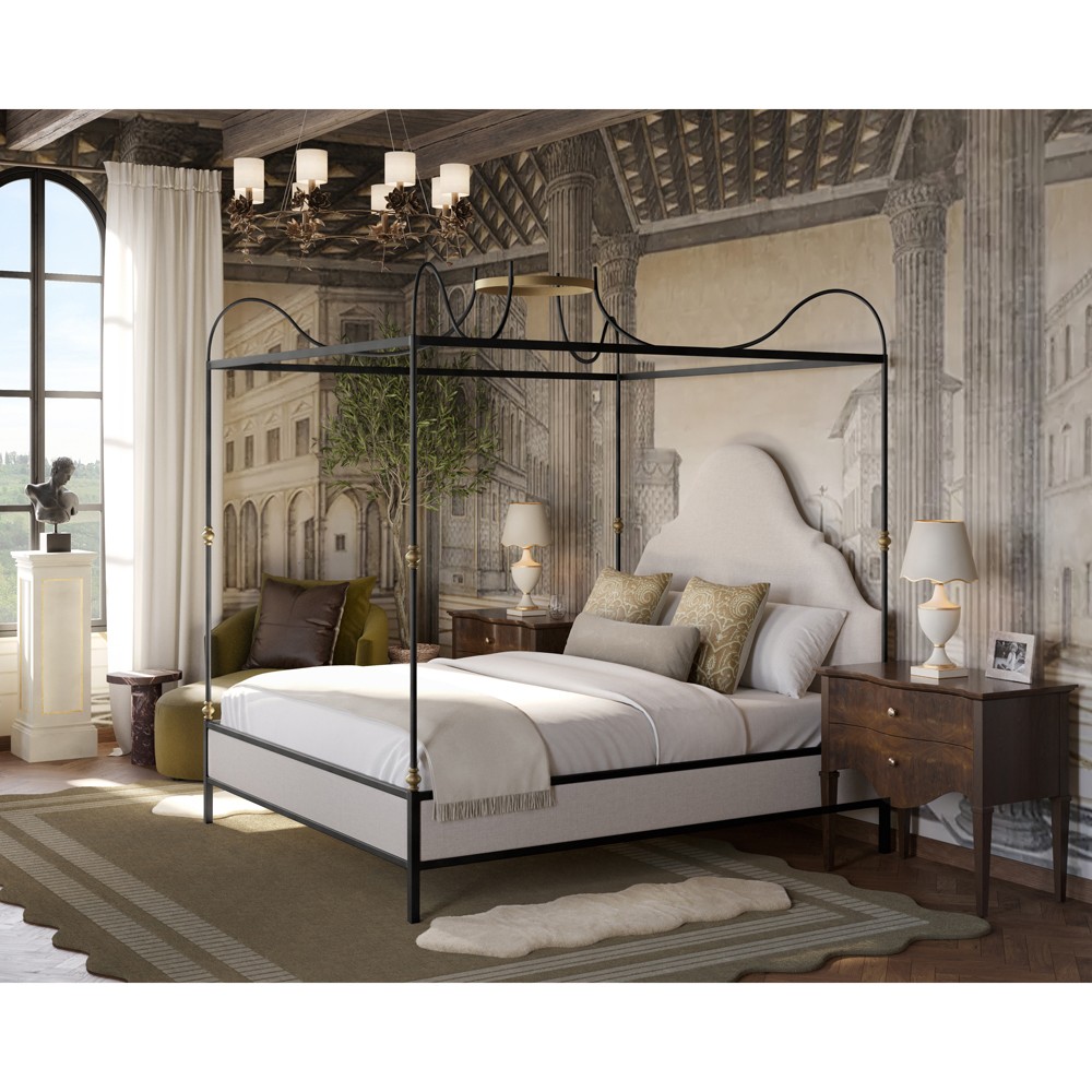 Beatrice Updated Traditional Beige Performance Iron & Brass Canopy Bed - Queen|