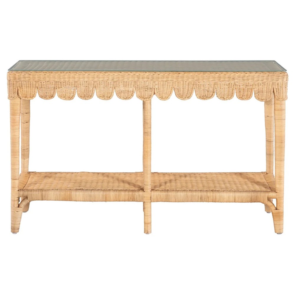 Anissa Coastal Beach Natural Woven Rattan Rectangular Scalloped Console Table|