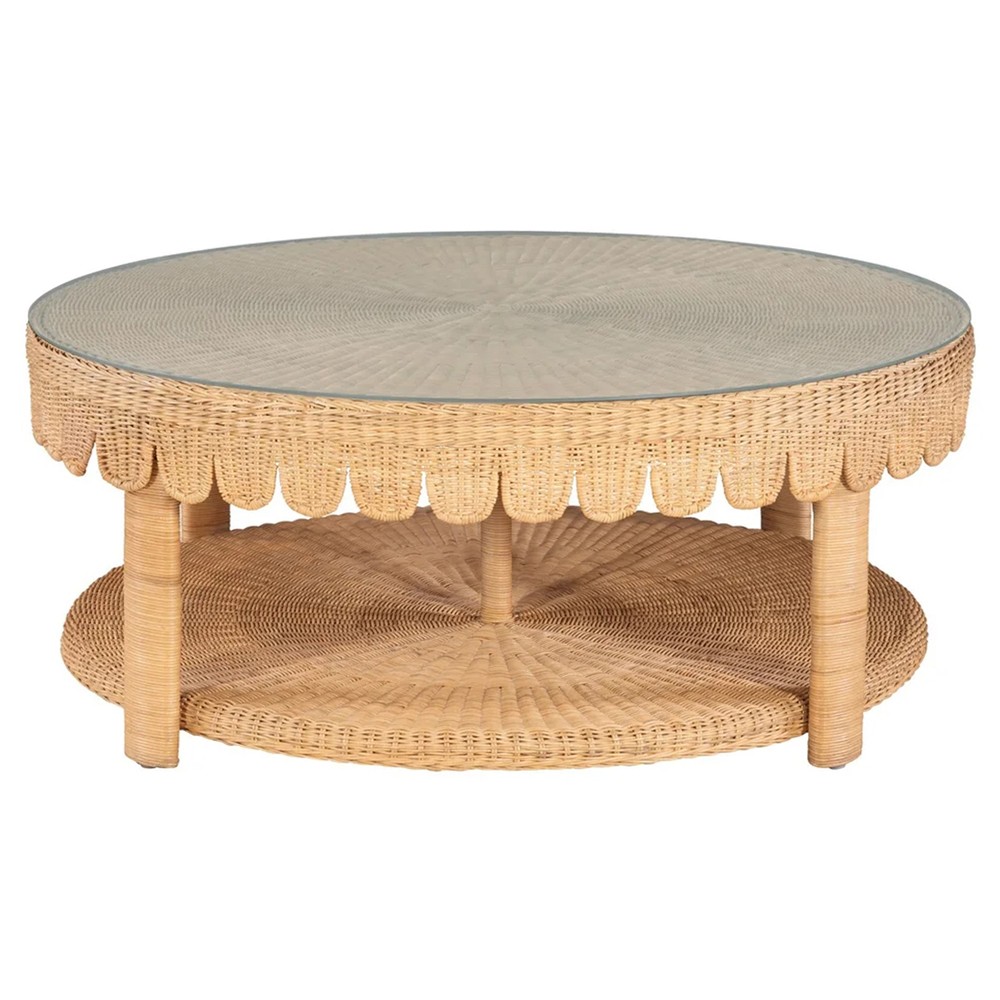 Anissa Coastal Beach Natural Woven Rattan Round Scalloped Coffee Table|