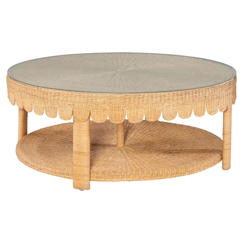 Anissa Coastal Beach Natural Woven Rattan Round Scalloped Coffee Table|