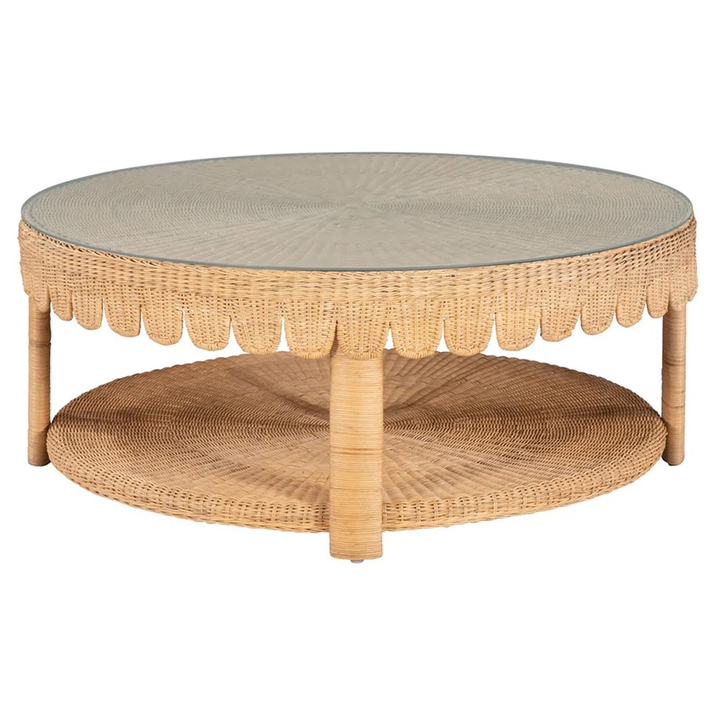 Anissa Coastal Beach Natural Woven Rattan Round Scalloped Coffee Table|