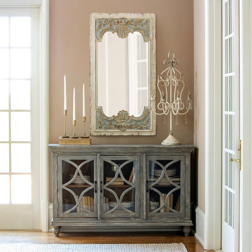 Fiona French Country Antique White Fir Wood Rectangular Wall Mirror|