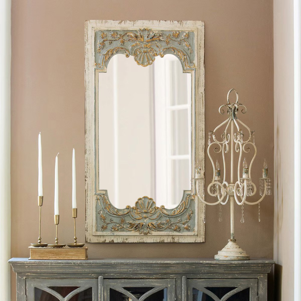 Fiona French Country Antique White Fir Wood Rectangular Wall Mirror|