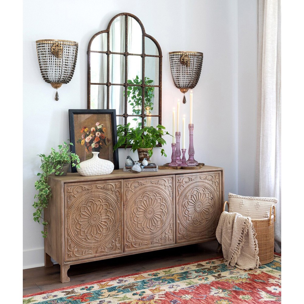 Donnovan Traditional Antique Brown Iron Scalloped Wall Mirror|