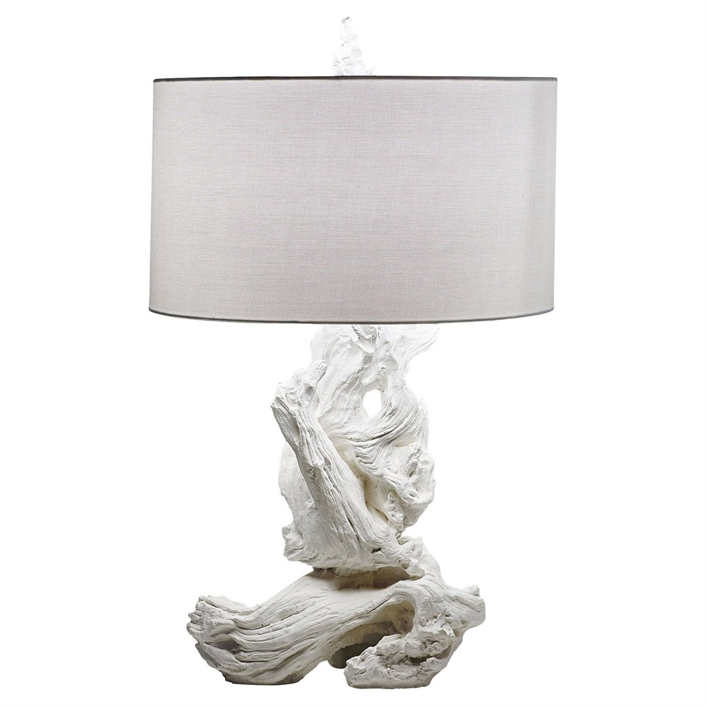 Estelle Coastal Beach White Linen Driftwood Table Lamp|