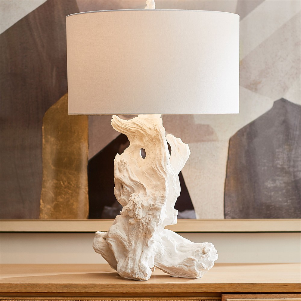 Estelle Coastal Beach White Linen Driftwood Table Lamp|