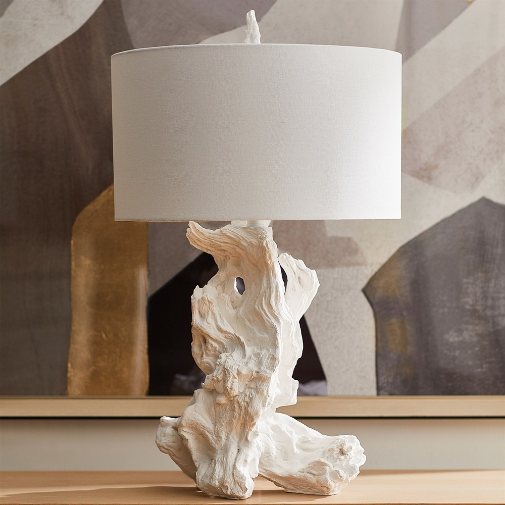 Estelle Coastal Beach White Linen Driftwood Table Lamp|