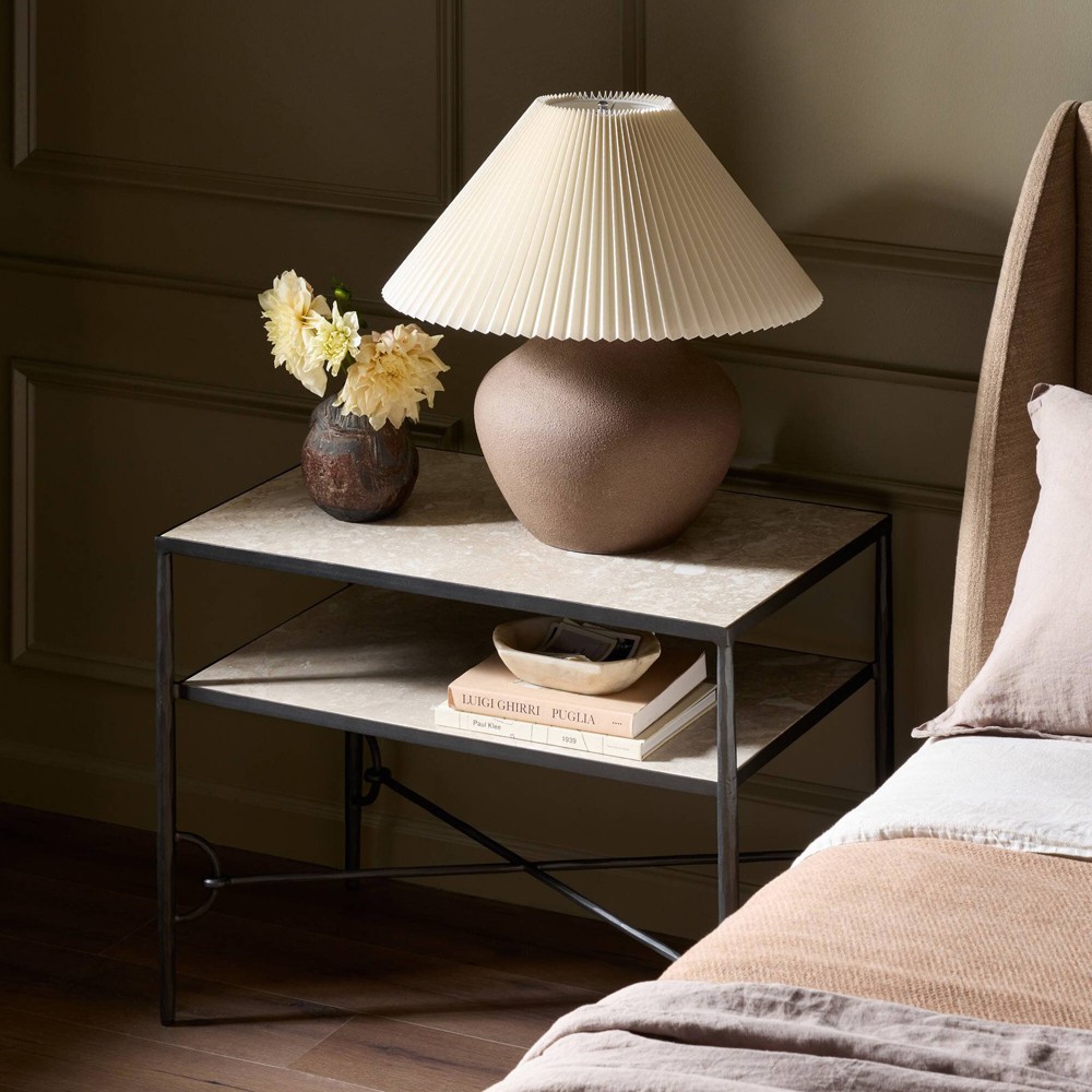 Ceasar French Country Beige Marble Wide Nightstand|