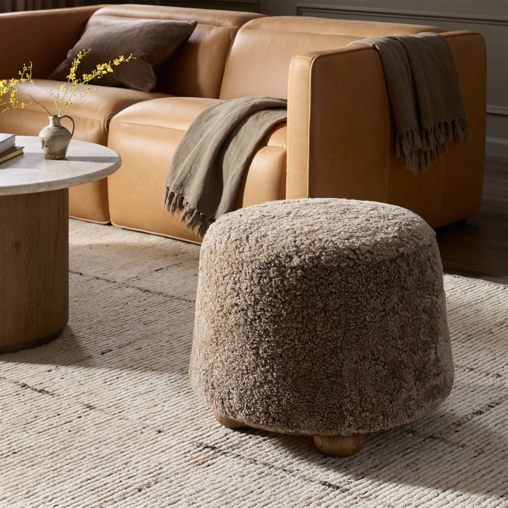 Leroy Modern Classic Taupe Shearling Brown Oak Round Ottoman