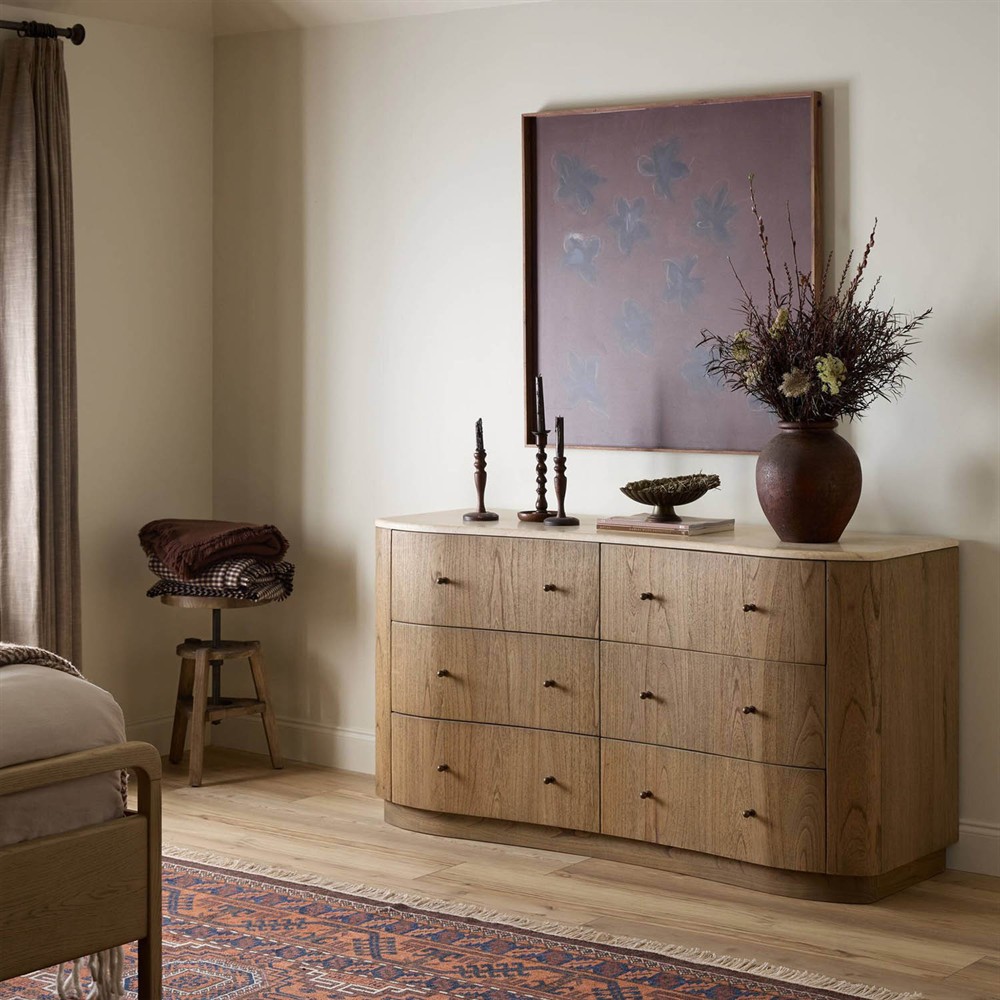 Juno Modern Classic Cream Marble Brown Wood Double Dresser | Kathy