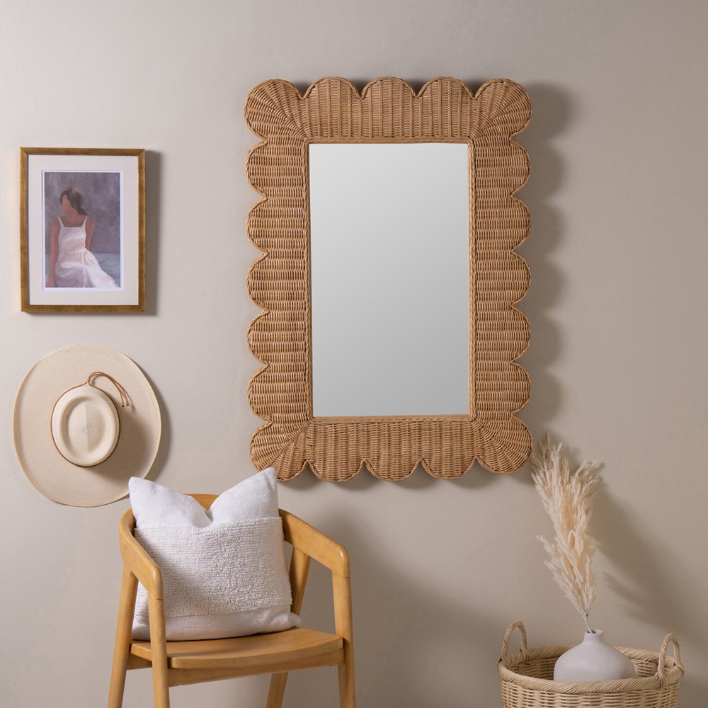 Brielle Coastal Beach Natural Woven Rattan Scalloped Wall Mirror