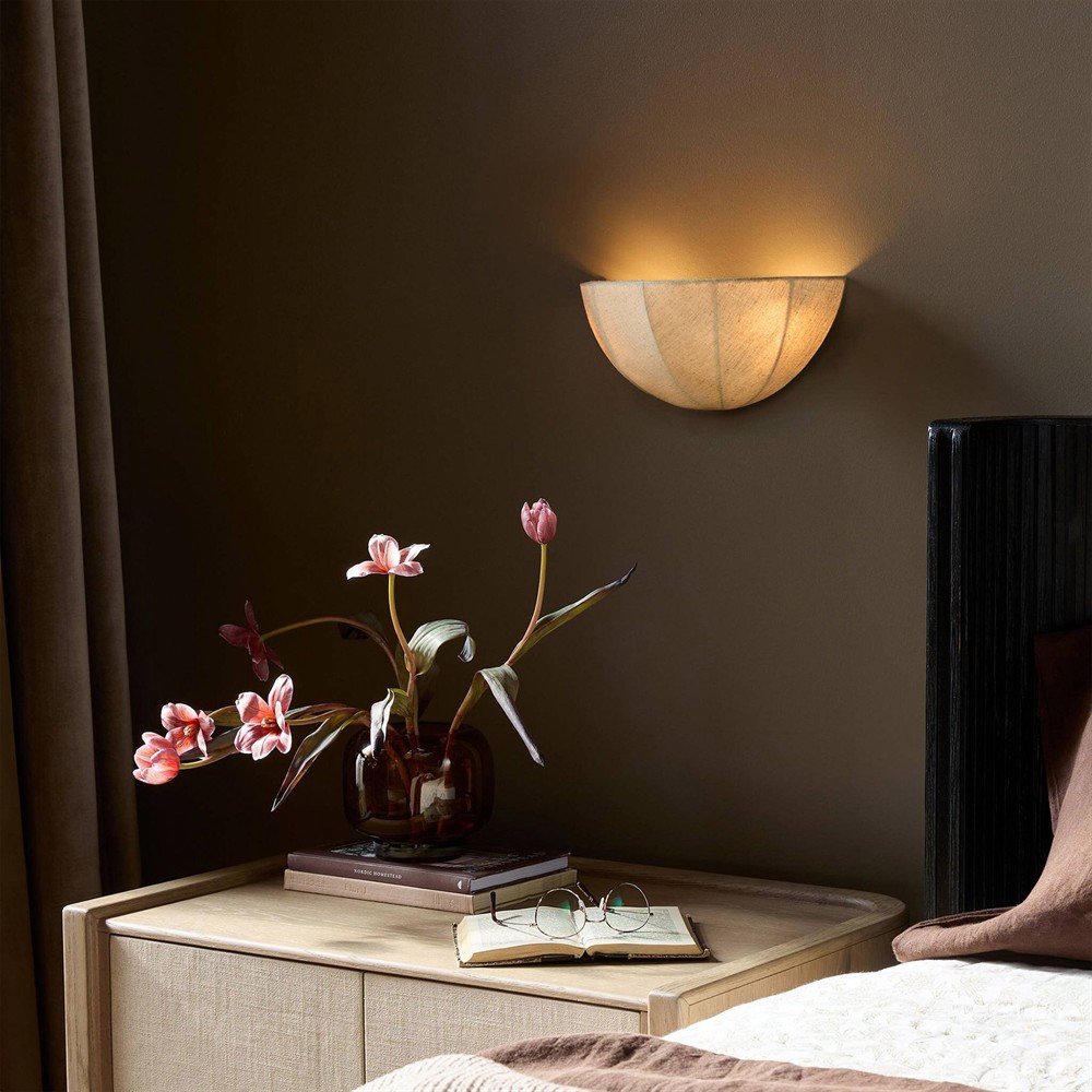 Tegan Updated Traditional Tan Linen Shade Sconce|