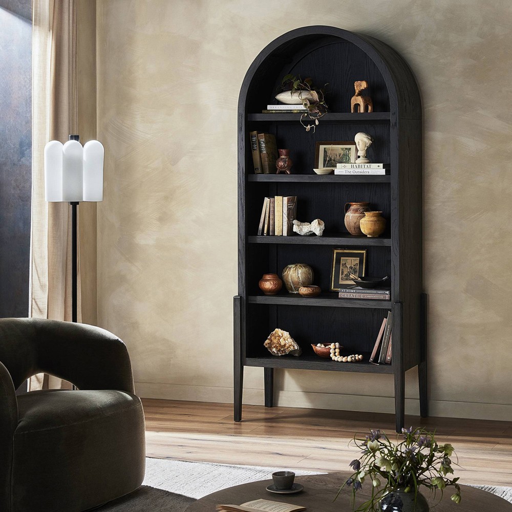Ivan Updated Traditional Black Oak Wood Arched Bookcase|