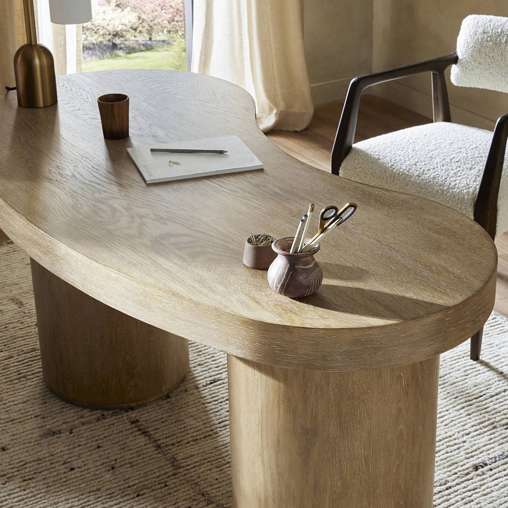 Lowen Modern Classic Brown Oak Wood Curved Desk | Kathy Kuo Home