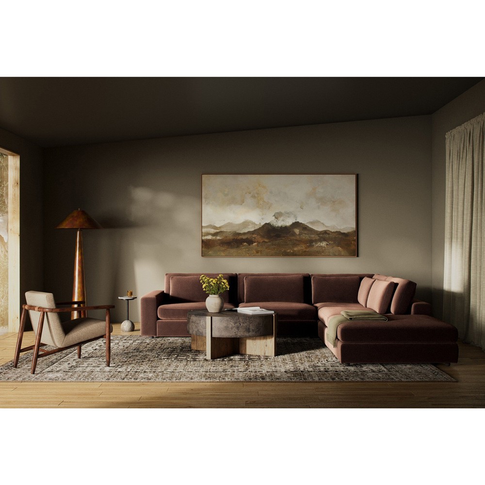 Candace Modern Brown Velvet 4-Piece Bumper Sectional With Ottoman - Left Bumper - 132"|