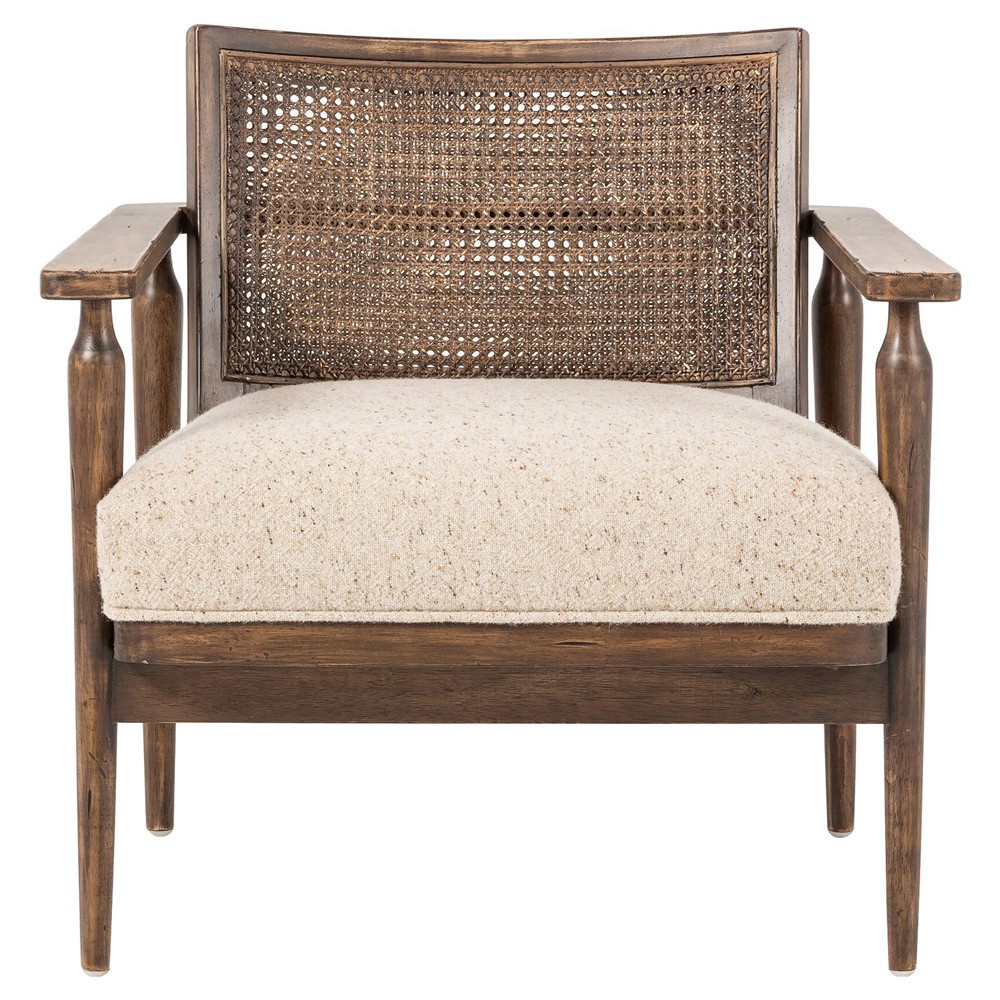 Xander Rustic Lodge Brown Woven Cane Taupe Linen Wood Arm Chair|