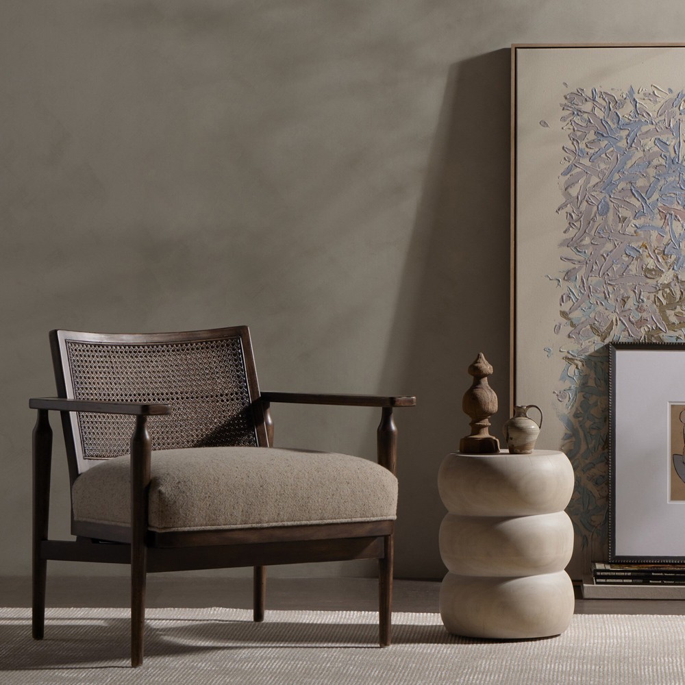 Xander Rustic Lodge Brown Woven Cane Taupe Linen Wood Arm Chair|