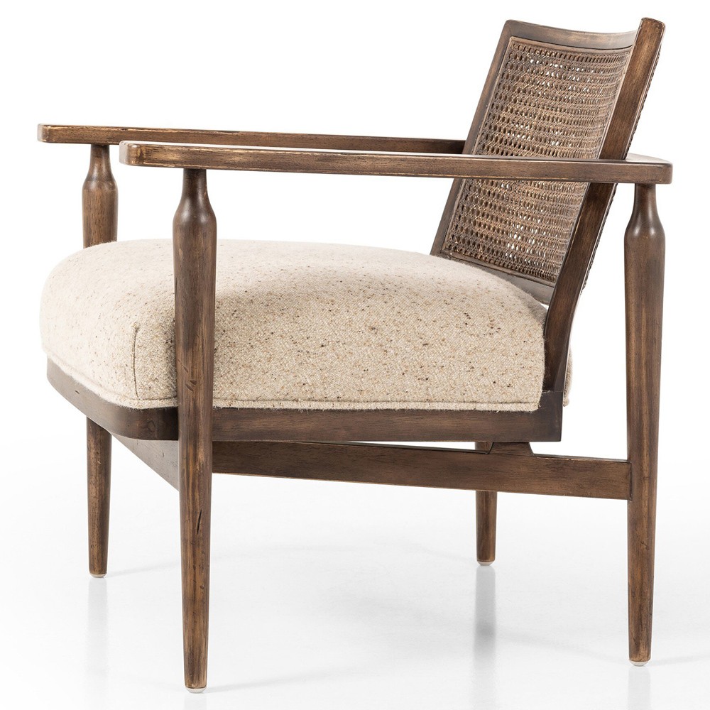 Xander Rustic Lodge Brown Woven Cane Taupe Linen Wood Arm Chair|