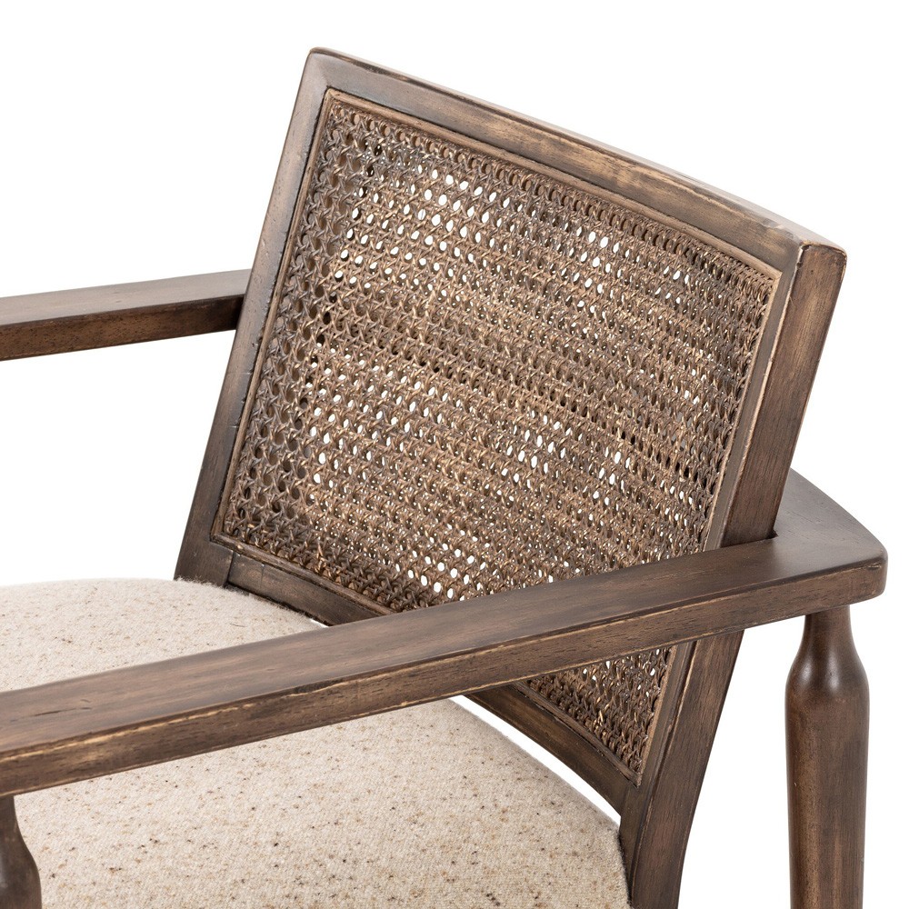 Xander Rustic Lodge Brown Woven Cane Taupe Linen Wood Arm Chair|