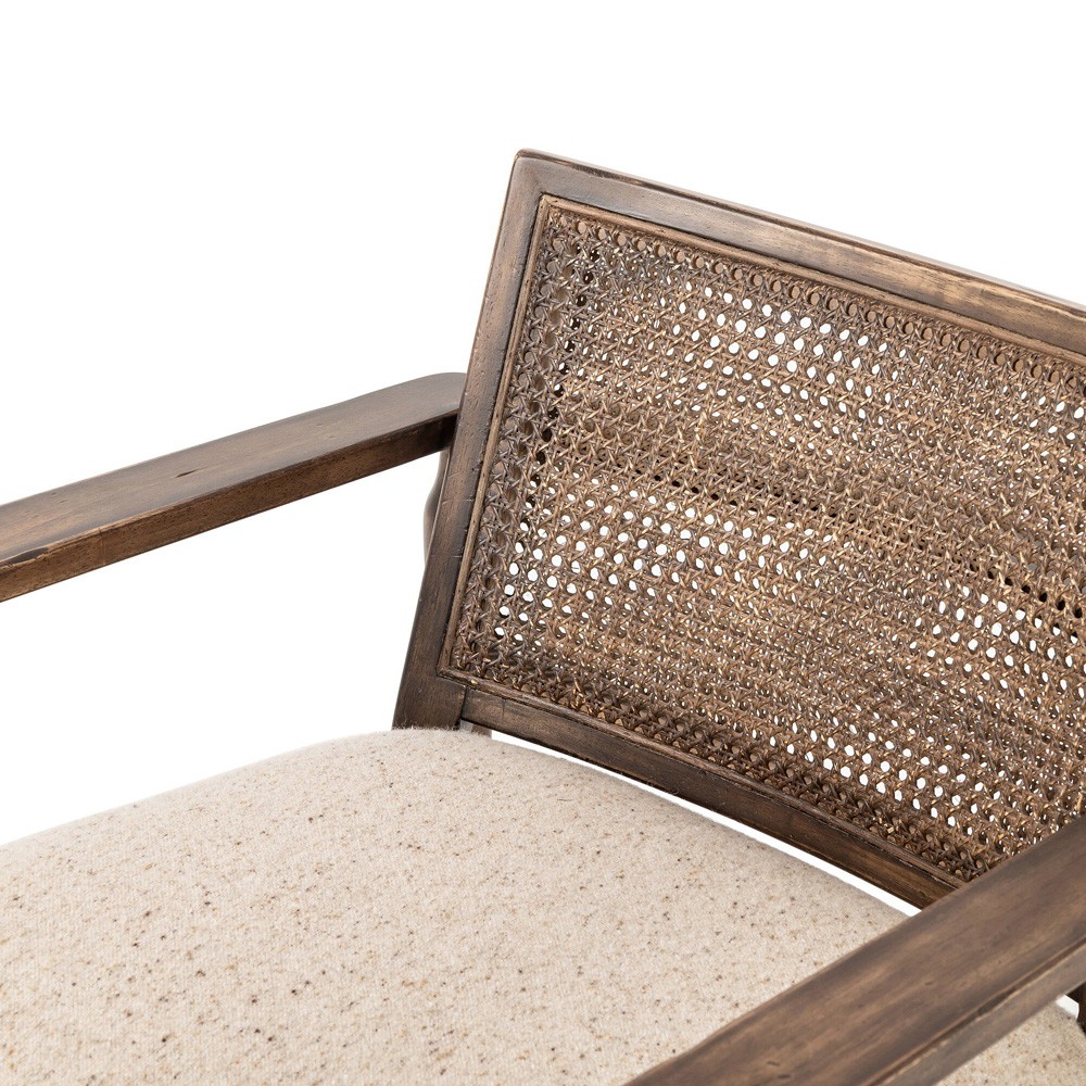 Xander Rustic Lodge Brown Woven Cane Taupe Linen Wood Arm Chair|