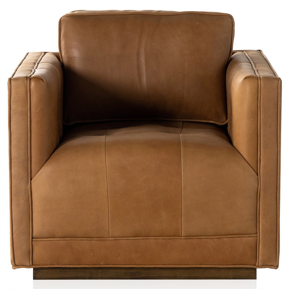 Celeste Rustic Lodge Tan Leather Tufted Swivel Arm Chair|
