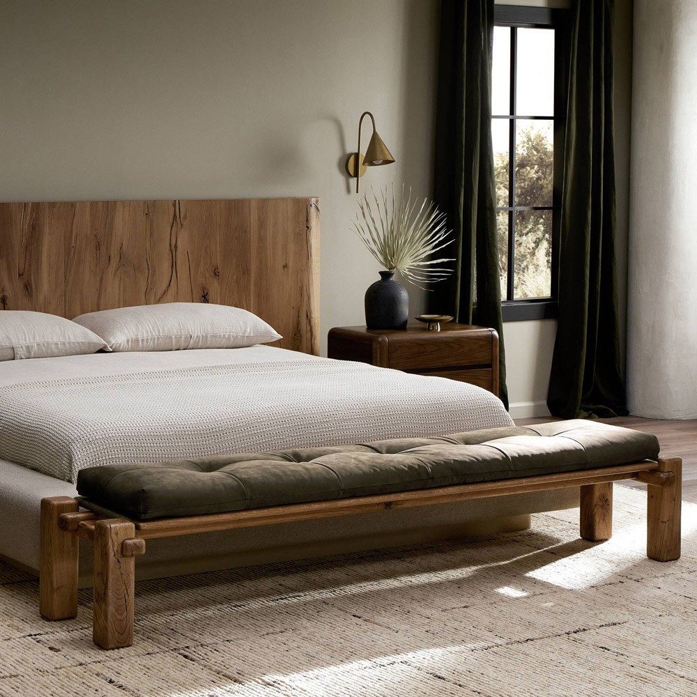Riona Modern Classic Brown Leather Reclaimed Oak Tufted Bedroom Bench|
