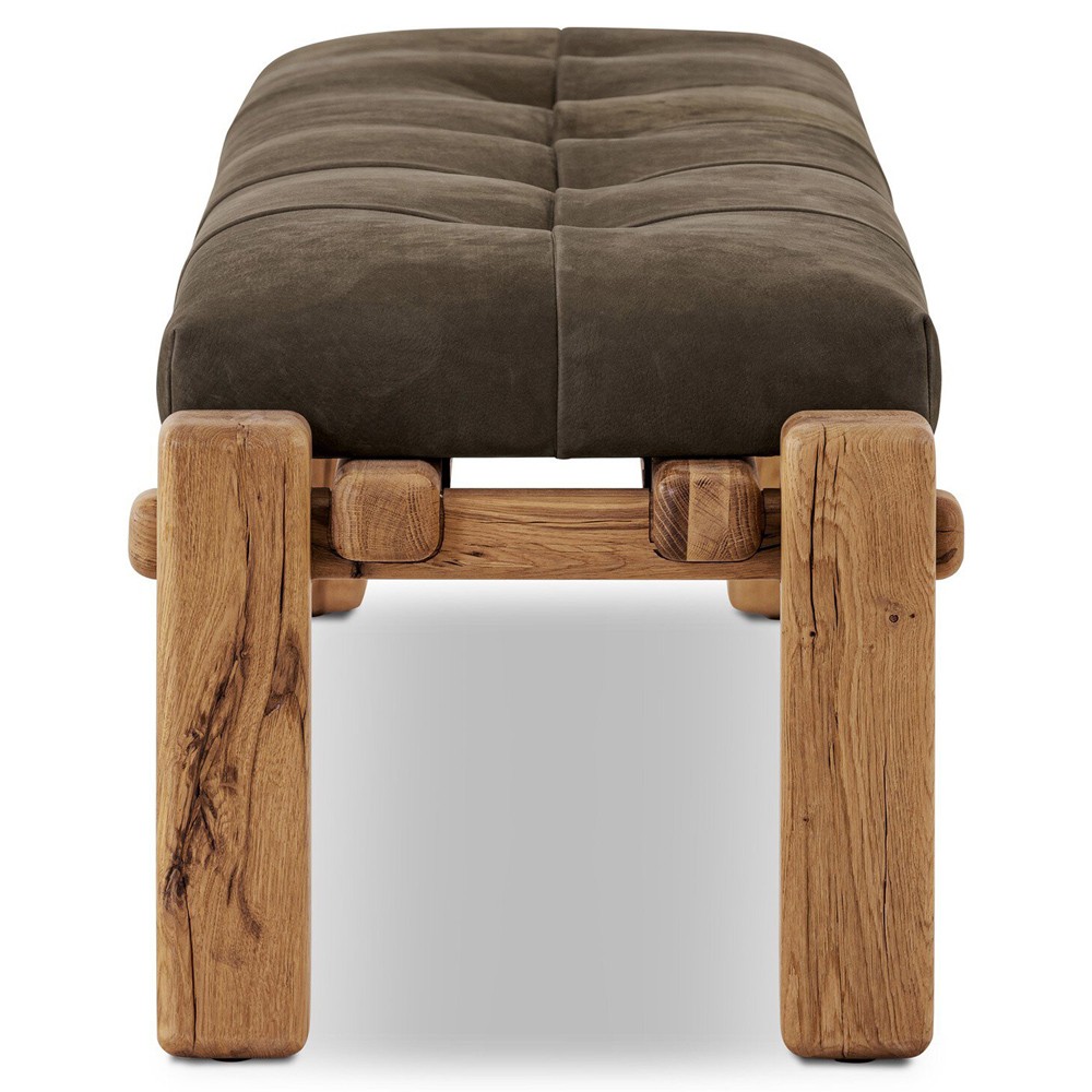 Riona Modern Classic Brown Leather Reclaimed Oak Tufted Bedroom Bench|