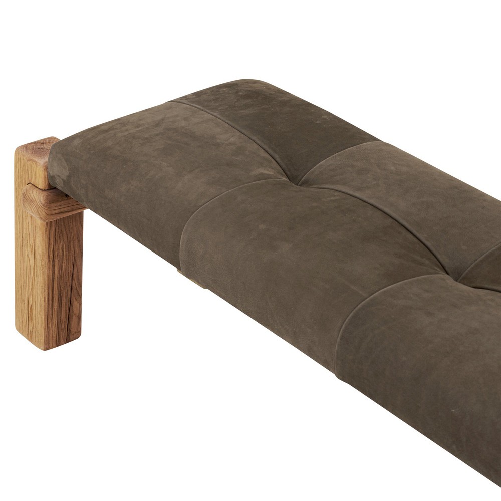 Riona Modern Classic Brown Leather Reclaimed Oak Tufted Bedroom Bench|