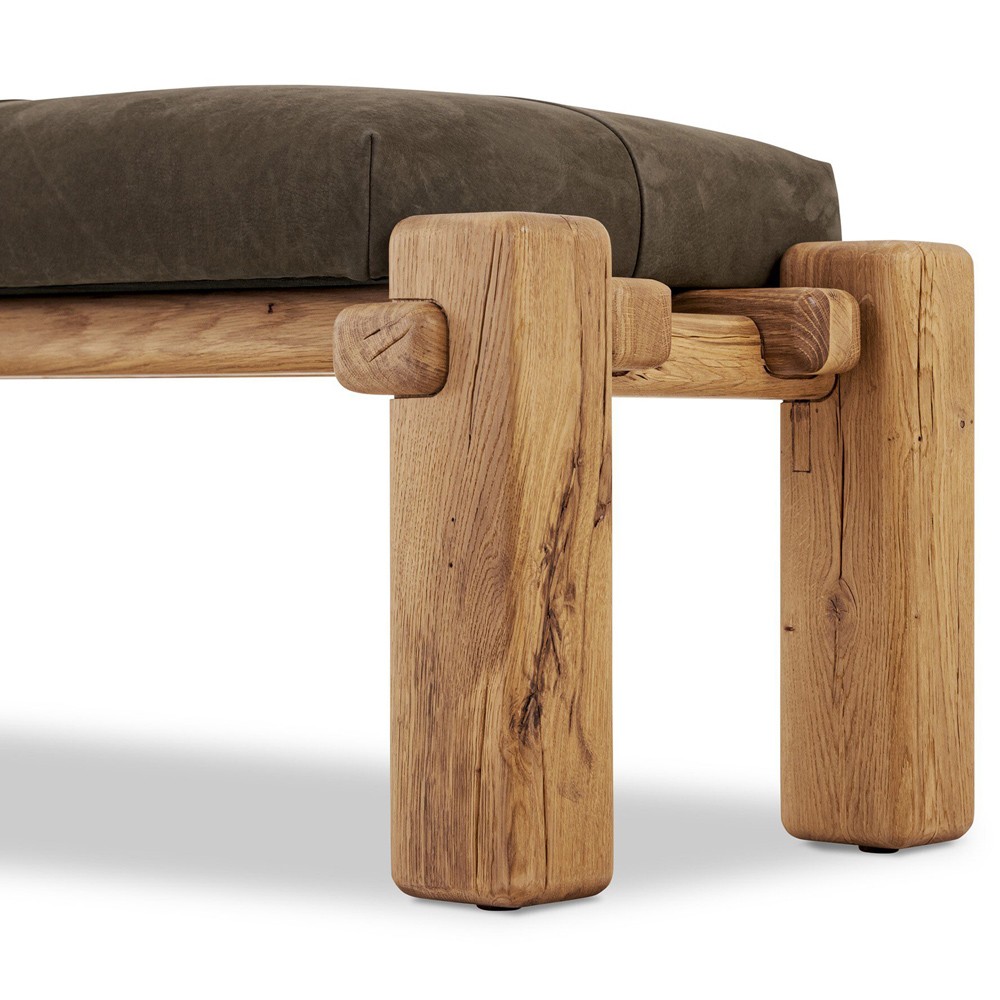 Riona Modern Classic Brown Leather Reclaimed Oak Tufted Bedroom Bench|