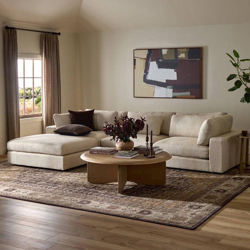 Candace Modern Classic Cream 3-Piece Sectional with Ottoman - 132"|