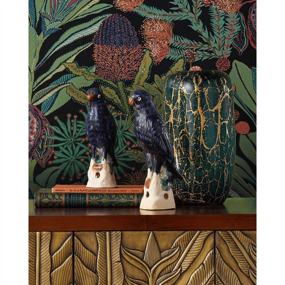 Lucan Updated Traditional Antique Blue Terracotta Parrot Statue - Set of 2|