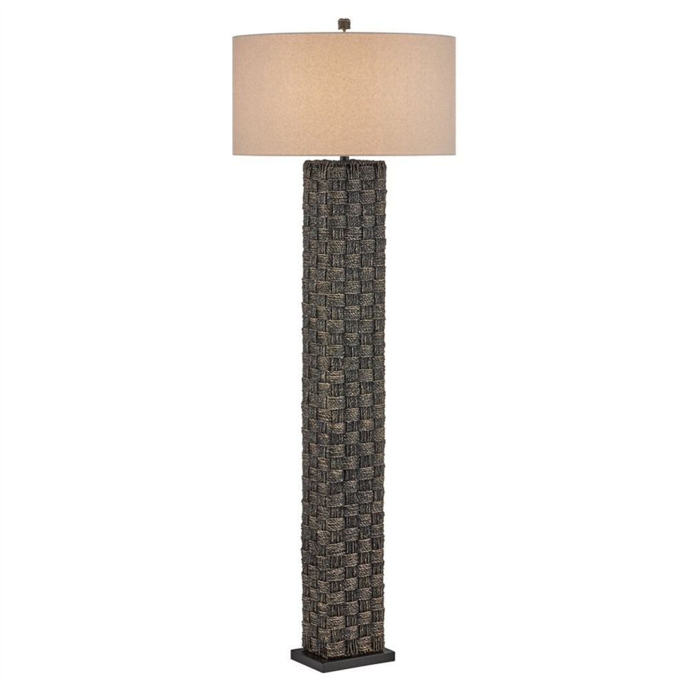 Evania Coastal Beach Natural Linen Black Seagrass Column Floor Lamp|