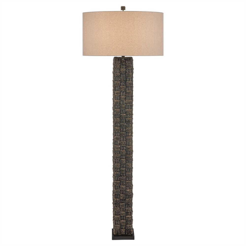 Evania Coastal Beach Natural Linen Black Seagrass Column Floor Lamp|