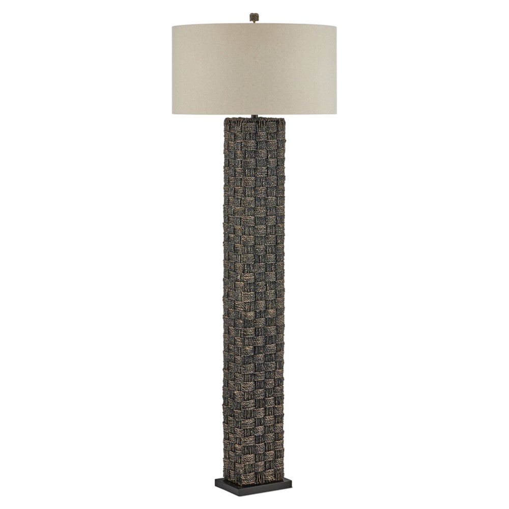 Evania Coastal Beach Natural Linen Black Seagrass Column Floor Lamp|