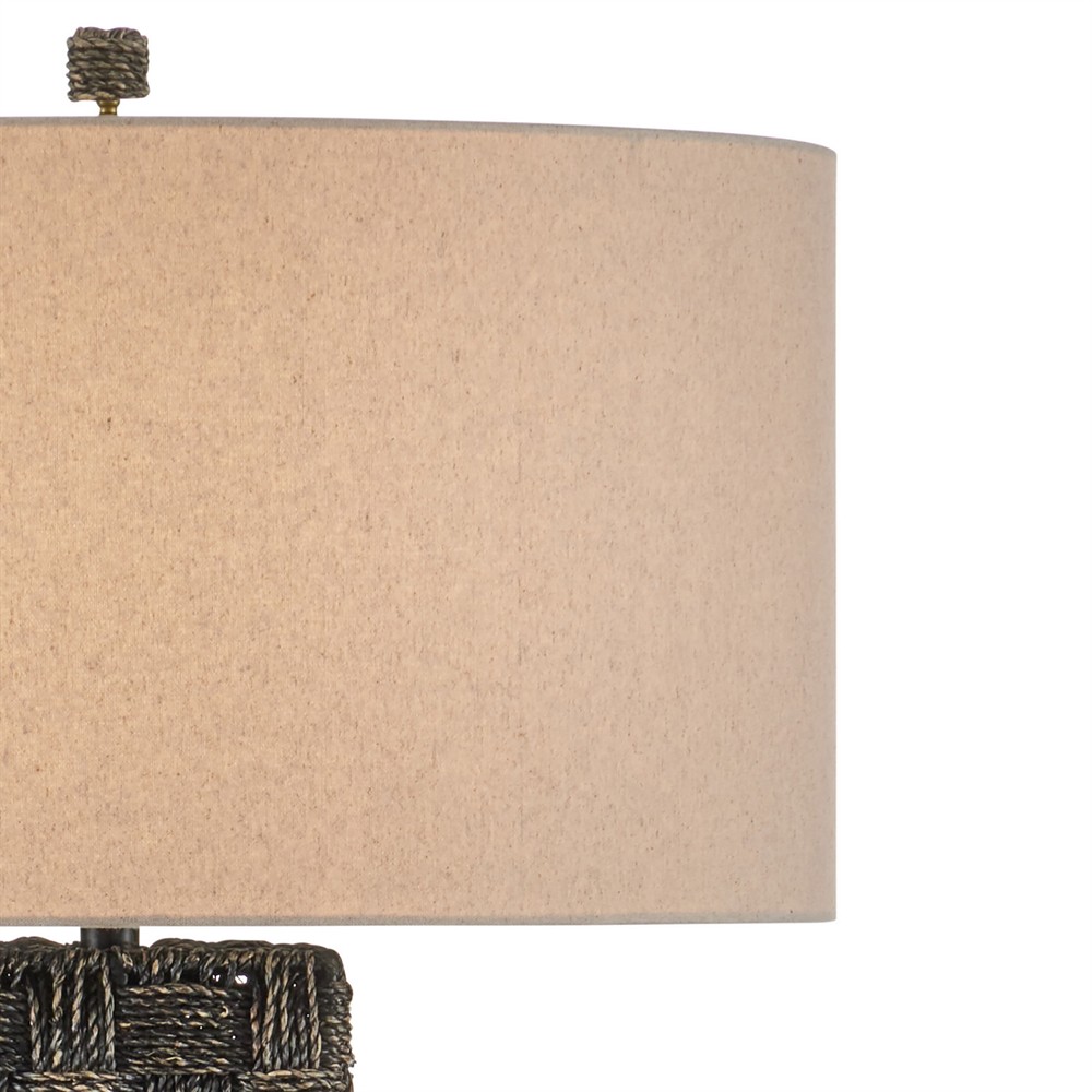 Evania Coastal Beach Natural Linen Black Seagrass Column Floor Lamp|