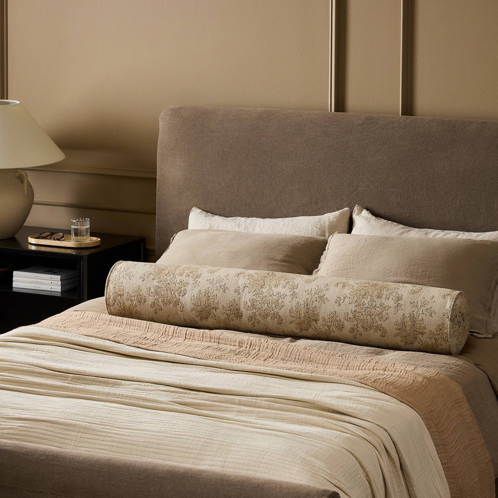 Elisha Updated Traditional Natural Damask Bolster Pillow - 8x48|