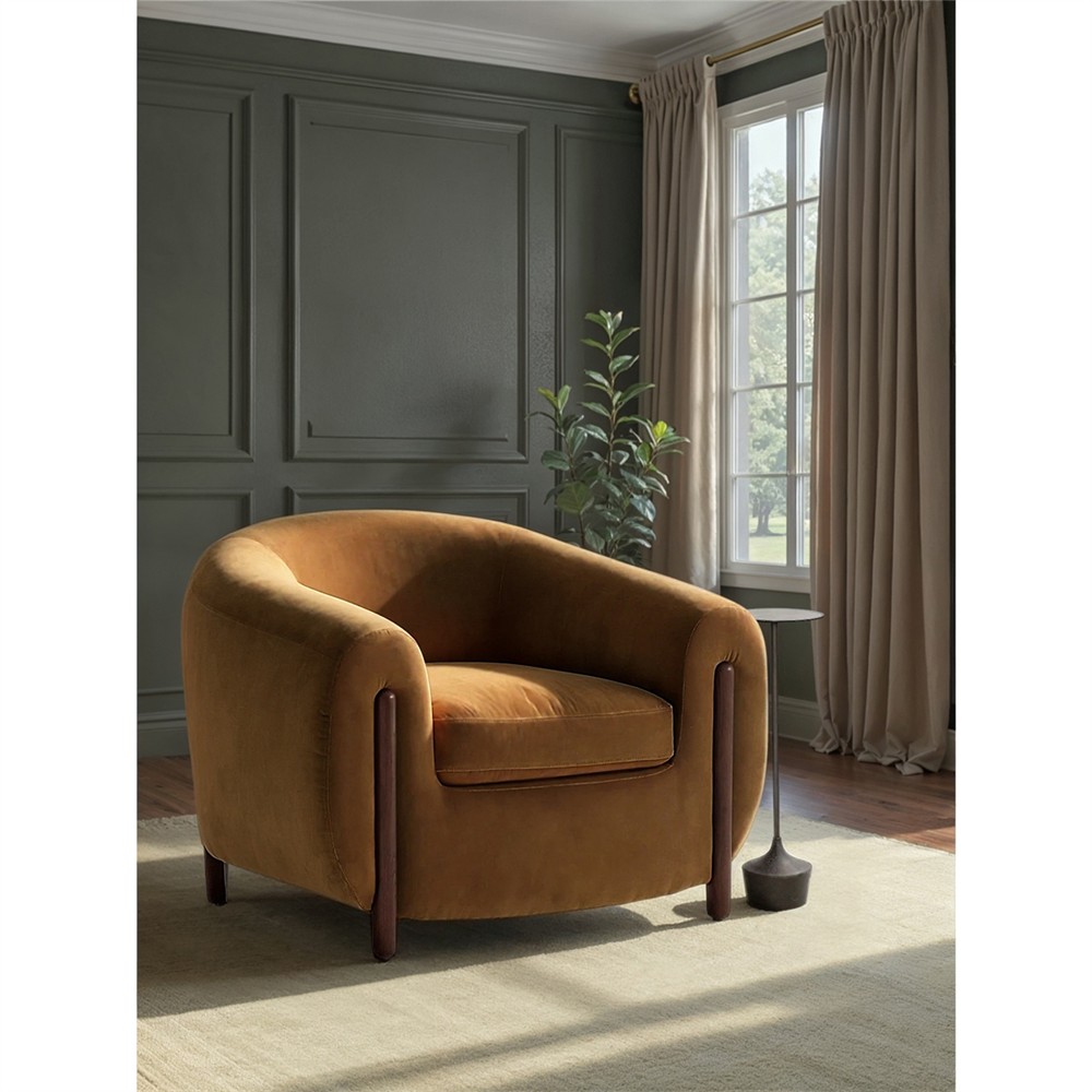 Riley Mid Century Modern Brown Velvet Performance Barrel Chair|