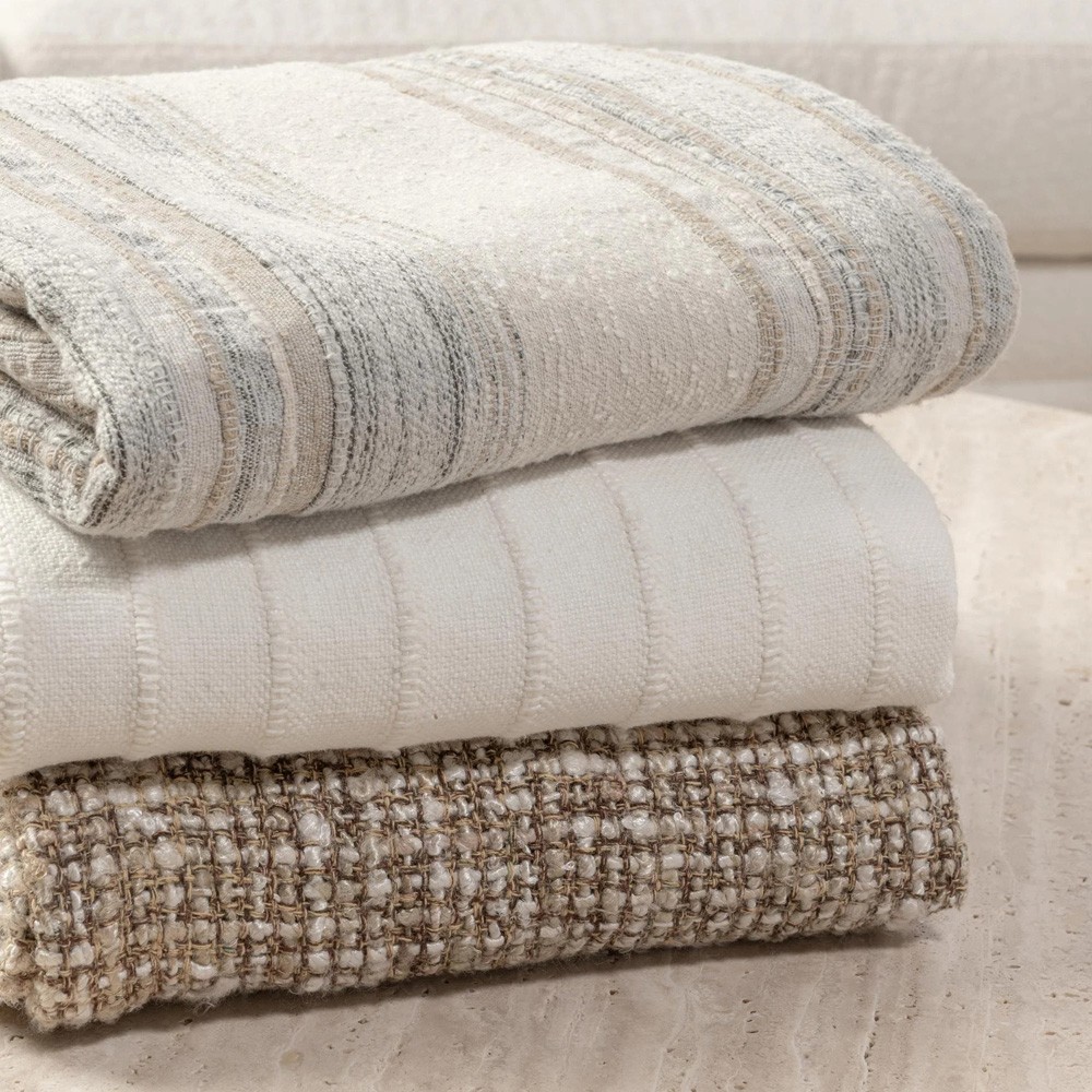 Alaina Coastal Beach Beige Cotton Striped Throw Blanket|