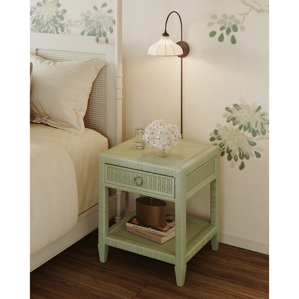 Zoey French Country White Wood Woven Cane Four Poster Bed - Queen