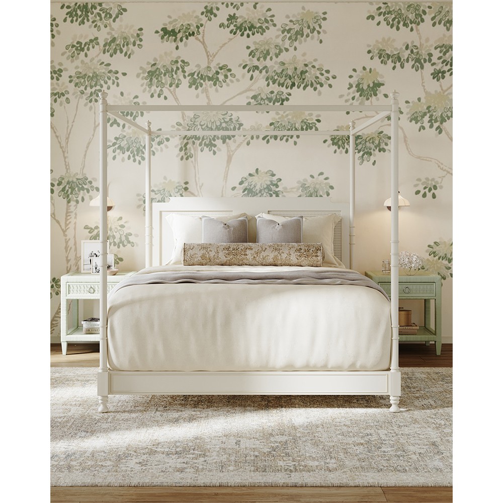 Zoey French Country White Wood Woven Cane Four Poster Bed - Queen