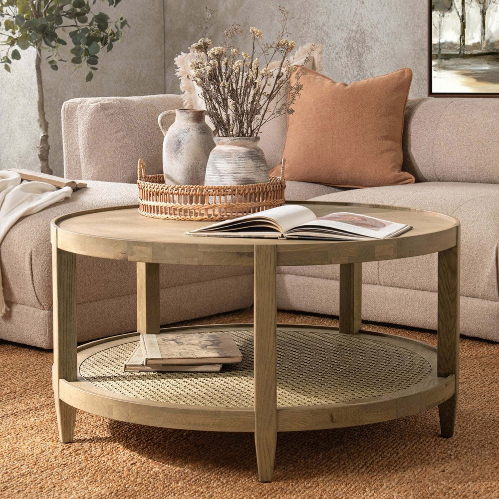 Wallner Coastal Beach Brown Oak Woven Cane Round Coffee Table 31