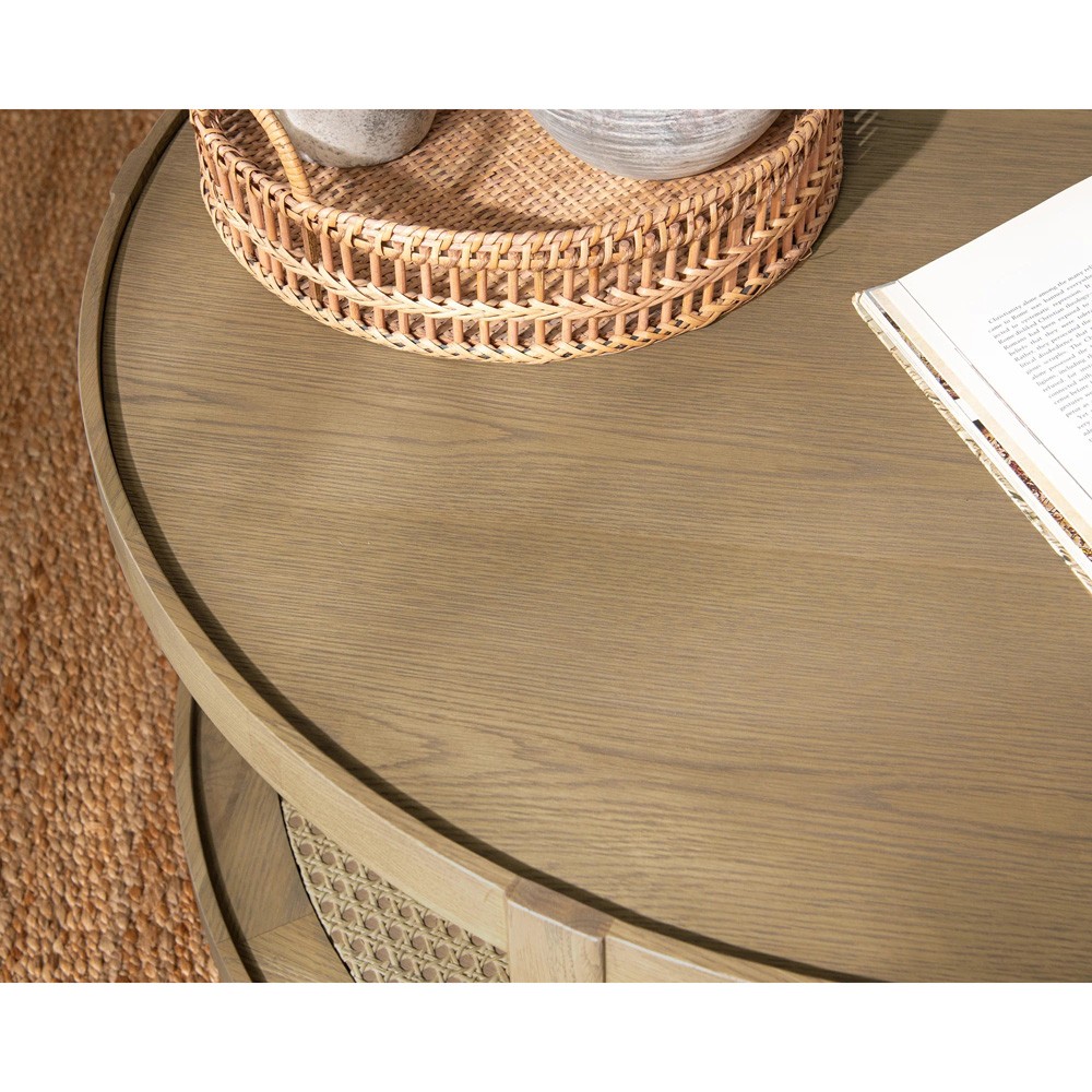 Wallner Coastal Beach Brown Oak Woven Cane Round Coffee Table 31