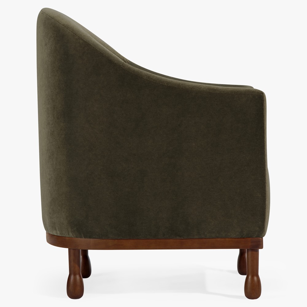 Gavin Updated Traditional Dark Green Velvet Brown Wood Barrel Chair|