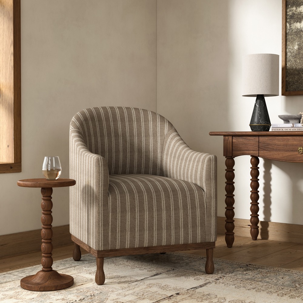 Gavin Updated Traditional Light Striped  Brown Wood Barrel Chair|