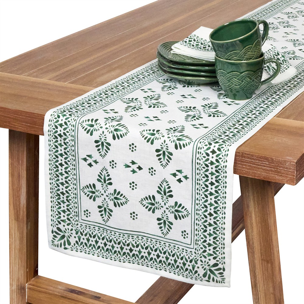Juliska Iberian Border Updated Traditional Evergreen Linen Table Runner|