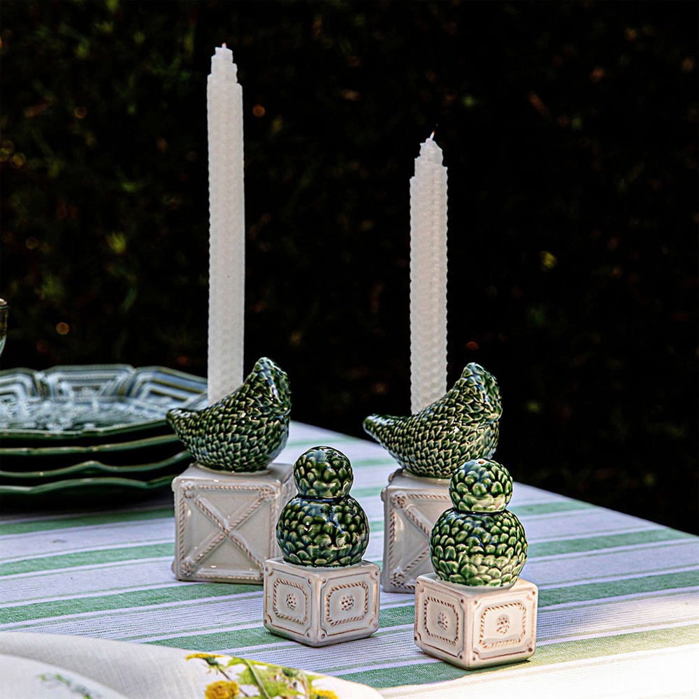 Juliska Berry &amp; Thread Bird Topiary Green Ceramic Candleholder - Set of 2|