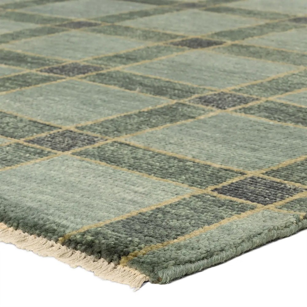 Malien Updated Traditional Green Wool Grid Patterned Hand Knotted Rug ...
